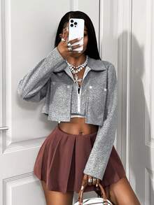BamGleam Women's Solid Color Long Sleeve Zip-Up Casual Short Overcoat, Autumn/Winter - Grey - View 7
