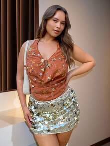 SHEIN BAE 大码女式橙色亮片吊带背心，适合冬季、夏季、秋冬季穿着，也可作为万圣节、圣诞节、新年、感恩节等节日的服装。优雅的派对上衣，性感夜店风，舒适的秋冬季款式，大码万圣节服装，正式场合上衣，婚礼宾客上衣，大码女装，万圣节服装，大码上衣，橙色亮片上衣 - 橘色 - 查看 7