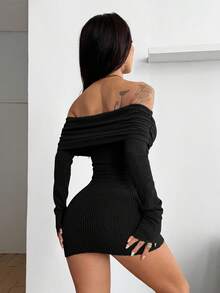 Coolane 女士纯色简约露肩长袖短款连衣裙，休闲日常穿着 - 黑色 - 查看 2