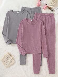 4pcs Girls Ribbed Long Sleeve Top And Leggings Pajama Set, Grey & Pink - Multicolor - View 4