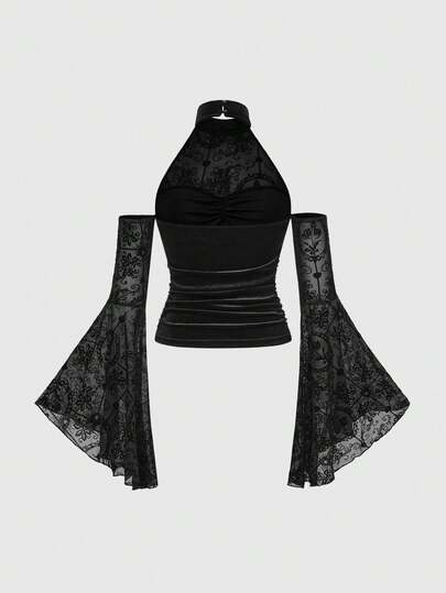 Goth Vintage Retro Sexy Gothic Cross Pendant Solid Color Elastic Long Sleeve Women T-Shirt