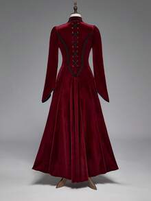 ROMWE Goth Christmas Gothic Retro Palace Style Contrast Color Lace Trim Velvet Women Long Jacket