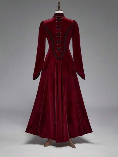 Goth Veste longue en velours pour femmes avec bordure en dentelle de style rétro gothique et couleurs contrastées