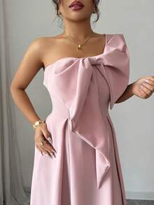 Elenzga 大码女式不对称肩部优雅浪漫派对礼服，大码蝴蝶结腰部 A 字形，适合派对、婚礼嘉宾、伴娘、秋冬季 - 粉色 - 查看 6