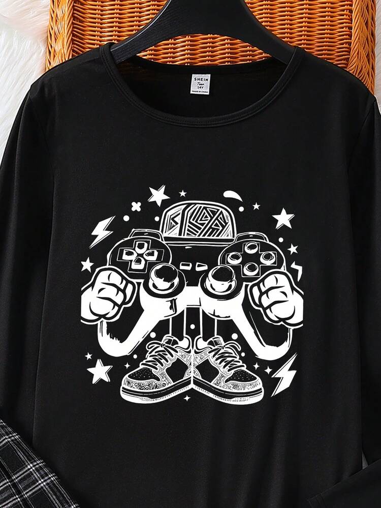 2 件青少年男童休闲圆领长袖 T 恤，带有酷炫图案印花和格子宽松裤睡衣套装，柔软针织面料 - 彩色 - 查看 3