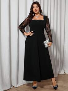 Modelyn 加大码黑色蕾丝长袖水钻装饰修身优雅连衣裙，适合外出约会 - 黑色 - 查看 4
