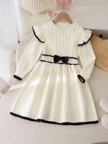 SHEIN Girls' Bowknot White Sweater Dress With Ruffle Hem, Round Neck Long Sleeve Knit Dress, Holiday Outfit Suitable For Back To School, Outdoor, Casual Wear Girl S Spring And Autumn Dress Autumn And Winter Young Girls Dresses Fall Dress For Girl Long Sleeve Dress For Girls Girl Clothes Autumn And Winter Clothes - White - View 7