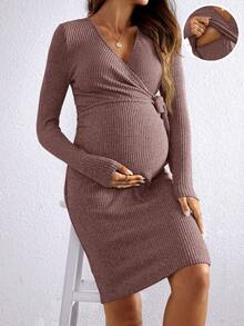 SHEIN Umstandskleid mit V-Ausschnitt, langärmlig, einfarbig - Altrosa - Übersicht 3