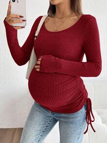 SHEIN Drawstring Ruched Maternity Solid Color Round Neck Drop Shoulder Long Sleeve Top - Burgundy - View 3