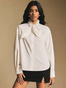 Poéselle Blusa elegante de cuello de corbata blanca para mujer, blusas elegantes para mujer, camisa blanca, minimalista y versátil, para fiesta de Navidad, Año Nuevo, adecuada para uso diario, fiesta, salir, ir al trabajo, otoño/invierno, camisa con lazo, camisa con corbata, blusas para el trabajo, blusas blancas - Blanco - Ver 6