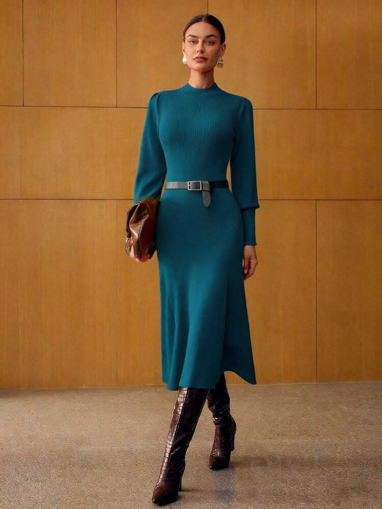 BIAS CUT PUFF SLEEVE SWEATER DRESS