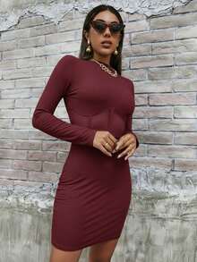 Zolique Vestido Casual de Manga Longa Minimalista de Cor Sólida para Mulheres - Vinho - Visão 6