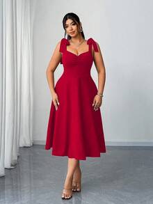 Elenzga Plus Size Women's V-Neck Ruched Waist Slit Elegant Romantic Red Party Dress, Spring/Autumn - Red - View 6