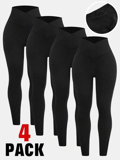 SHEIN Girlism Teen Girls' Black Solid Color Slim Fit Casual Minimalist Comfortable High Waist Criss-Cross Design Pants, Versatile For All Seasons, Suitable For Loungewear, Activewear, And Street Style Tights Set Leggings Pack Black Leggings Fall Winter