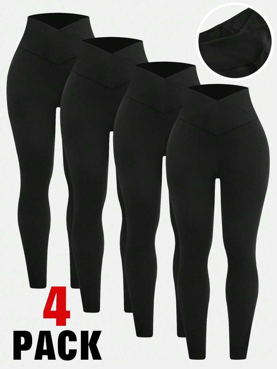 SHEIN Girlism 青少年女孩黑色纯色修身休闲简约舒适高腰交叉设计裤子，适合所有季节，适合家居服、运动服和街头风格 - 黑色 - 查看 1
