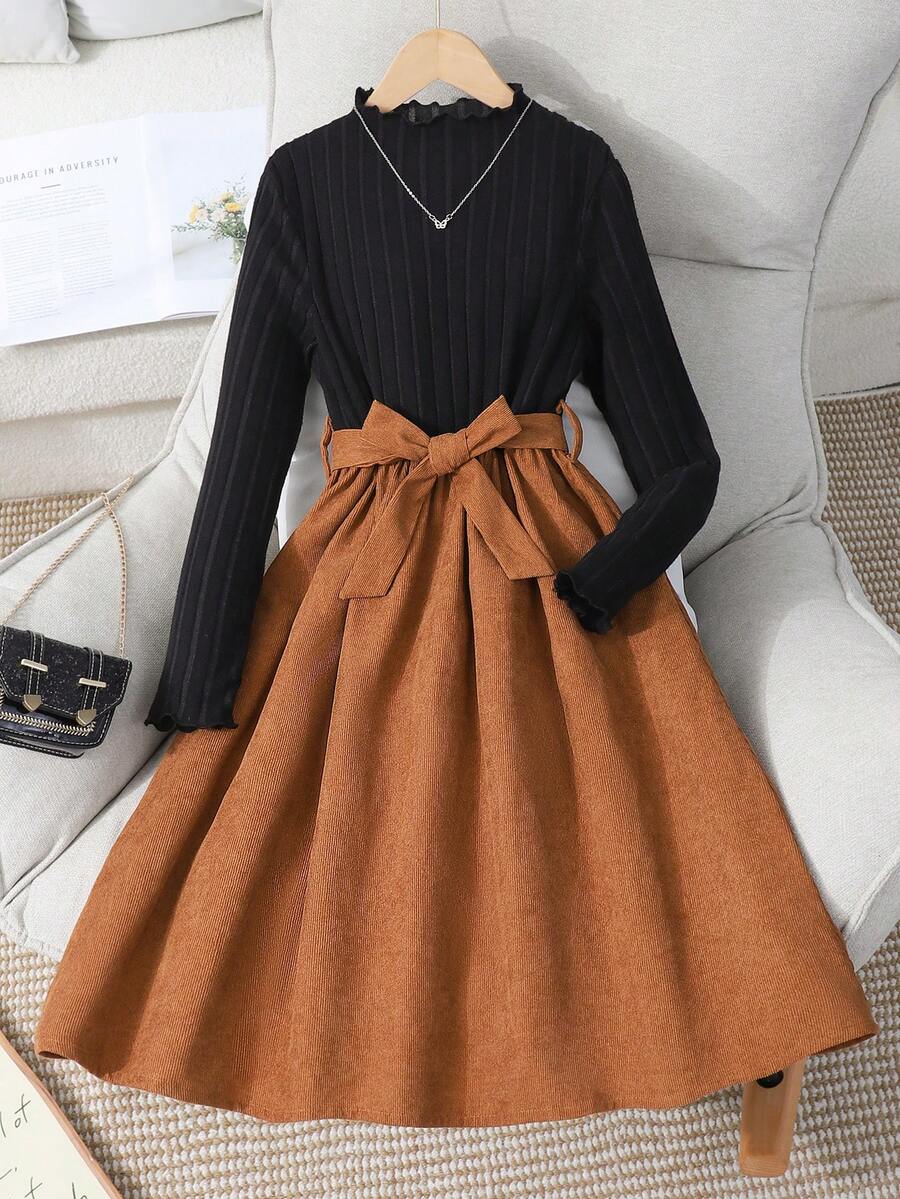 SHEIN Girls' Mock Neck Cinching Waist Ribbed Corduroy A-Line Dress, Casual & Elegant Outfit For Tween Girls