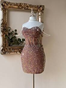 Lovelzi 优雅迷人的串珠刺绣手工亮片链条和泡泡装饰露肩腰部镂空透视美人鱼下摆短款鸡尾酒会礼服 - 香檳色 - 查看 6