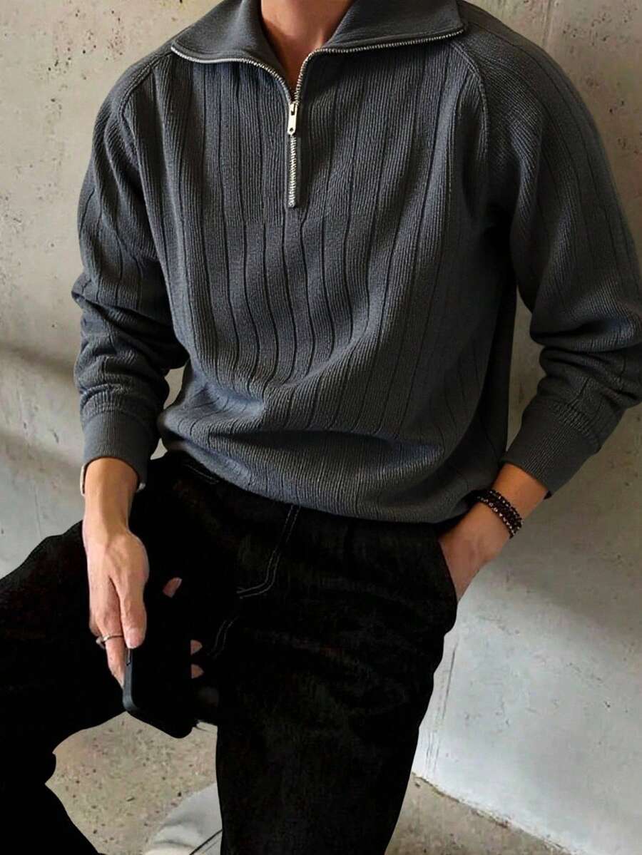 Claim Dot Sweater Pria Lengan Panjang Bergaris Abu-abu Gelap dengan Resleting, Atasan Jumper Rajut Minimalis Kasual Elegan untuk Musim Gugur, Cocok untuk Mendaki, Pesta, Kantor, Rumah & Perjalanan Sehari-hari - MultiWarna - View 1