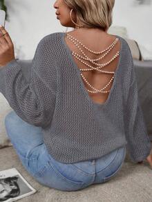 Calvaya Fashionable Minimalist Hollow Design Beaded Decor Pullover Sweater - Grey - View 3