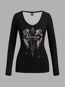 Attitoon 黑灰条纹 V 领长袖 T 恤。哥特十字图案、朋克、Y2K 风格、街头潮流、复古风、返校季、怀旧风、秋季女装、度假风、女士休闲装、秋冬、嘻哈风、Style Core 美学、哥特风、辣妹风 - 白色 - 查看 4