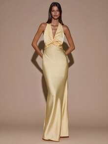 SHEIN BAE 性感简约纯色黄色/奶油色深 V 领露背蝴蝶结露背长款美人鱼连衣裙，适合派对、鸡尾酒会、正式场合、伴娘、生日、圣诞节、商务休闲 - 鵝黃色 - 查看 3