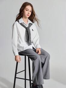 Ontre Tween Girl White Long Sleeve Shirt & Grey Cardigan Casual Pants Set - Dark Grey - View 6