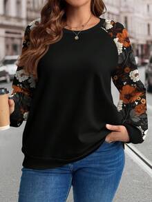EMERY ROSE Plus Size Women Vintage Floral Print Sweatshirt, Suitable For ,Spring - Multicolor - View 1