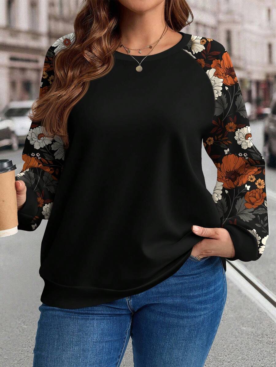 EMERY ROSE Plus Size Women Vintage Floral Print Sweatshirt, Suitable For ,Spring - Multicolor - View 1