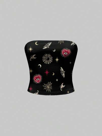 Goth Top court imprimé gothique, mystérieux, avec croix, soleil et lune. Noir et blanc pour femmes