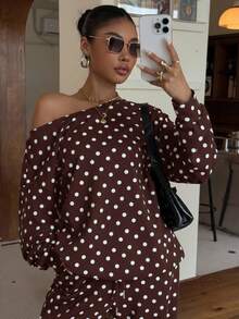 Muchica 女士秋冬摩卡波点斜肩宽松卫衣和运动裤套装 - 棕色 - 查看 3