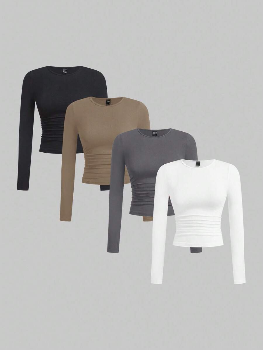 SHEIN EZwear 多色针织女式休闲长袖修身T恤中性色上衣多件装长袖上衣紧身衣女式长袖上衣女式长袖上衣，秋季女装长袖上衣 - 彩色 - 查看 1