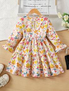 SHEIN NovaGlow 童装年轻女孩小女孩碎花圆领泡泡袖修身休闲蛋糕 A 字连衣裙，秋冬新品 - 卡其色 - 查看 2