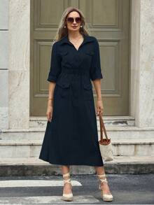Mulvari Solid Color Button Front Half Placket Cinching Waist Pocket Flap Dress,Ladies Casual Pocket Three Quarter Length Sleeve Collar Regular Fit Long Khaki Viscose Roll Up Sleeve Plain Shirt Women Long Dresses,Spring/Fall,Casual Daily Wear Maxi Women Outfit - Navy Blue - View 4