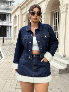 SHEIN ICON Plus Size High Waist Slimming Denim A-Line Skirt - Blue - View 3