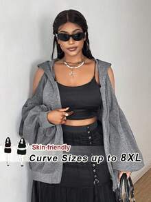 SHEIN CURVE+ Sudadera con capucha, manga farol y cremallera para mujer de talla grande, de estilo casual, chic de calle y minimalista,unicolorlido con hombros descubiertos, para primavera/otoño - Gris - Ver 4