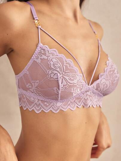 Charlaine 花卉蕾丝、蝴蝶、金属链、闪亮、浅紫色、舒适、日常、法式、意式、浪漫女士内衣文胸