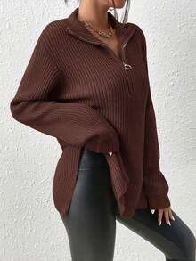 SHEIN Frenchy Áo len đen hạt kéo khóa nửa vai, áo dài tay cho mùa thu/đông - màu nâu - Xem 7