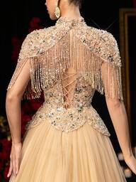 Glamrae Elegant lyxig pärl- och paljettblommig avtagbar ytterjacka och tyllmaxikjol, lämplig för bröllop, fester, semestrar, galor, formella tillfällen (kraftigt utsmyckad)