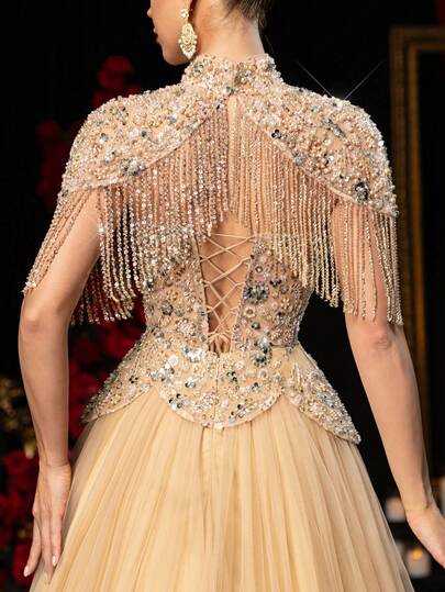 Glamrae جاكيت خارجي قابل للإزالة مزين بالخرز والترتر بتصميم زهري أنيق فاخر وتنورة ماكسي من التول، مناسبة للحفلات الزفاف والمناسبات الرسمية والسهرات والعطلات (مزخرفة بشكل كبير)