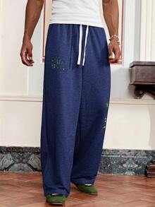 SWAVVY Quần nỉ cạp rút in chữ đa năng thường ngày cho nam - Màu xanh hải quân - Xem 6