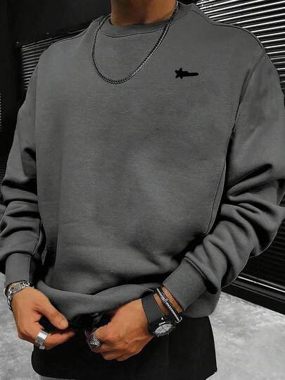 Manfinity Homme Męska bluza z okrągłym dekoltem i luźnym krojem w stylu casual w kolorze szarym, wzór pentagramu, zimowa odzież, idealny prezent dla chłopaka, bardzo modna na ulicę, na uczelnię i Halloween, bluzka z długim rękawem