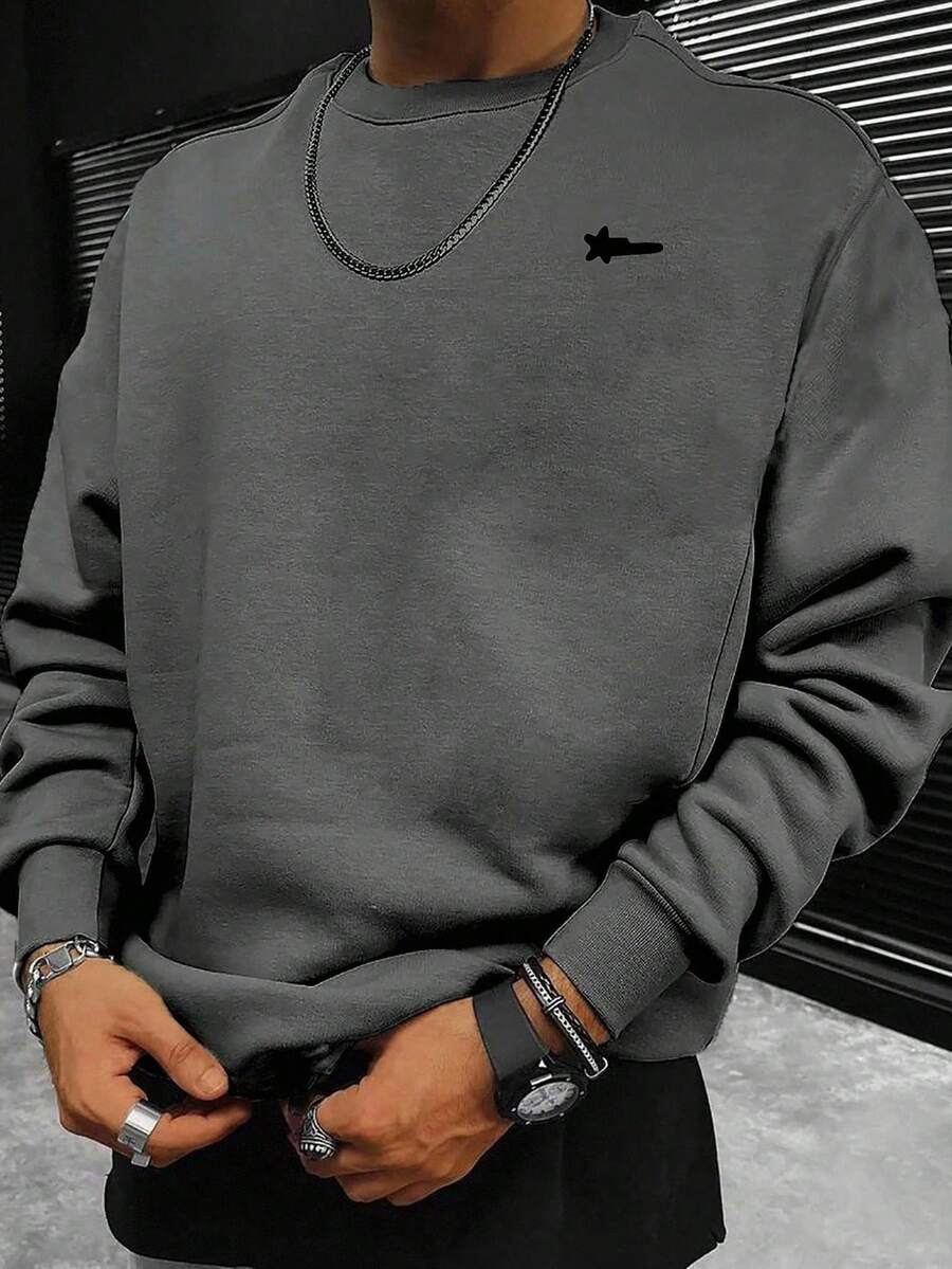 Manfinity Homme Hanorac bărbătesc gri, cu guler rotund și model pentagramă, croială lejeră, casual, îmbrăcăminte de iarnă, cadou perfect pentru iubit, foarte la modă pentru streetwear, campus și Halloween, top cu mânecă lungă