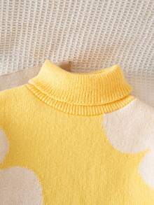 Tween Girls Cute Light Yellow 2pcs Knitted Outfit Set,Flower Pattern High-Neck Sweater&Wide-Leg Pants For Autumn,School,Back-To-School Daily Wear - Yellow - View 9