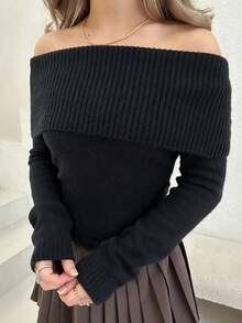 Jemour Knitted Fold Over Jumper Spring Y2K 90's Casual Cute Off The Shoulder Tops Holiday Summer Fall Autumn Winter Everyday Halloween - Black - View 3