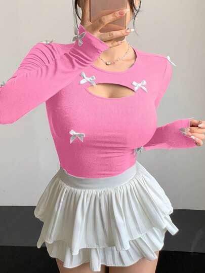 DAZY Toamna nouă, cu fundă decorativă, tricou ajustat pentru femei, mânecă lungă, topuri pentru femei, ieșiri în oraș, topuri pentru femei