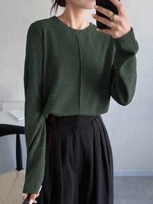 FRIFUL 女式纯色卡其色圆领长袖宽松休闲百搭 T 恤，秋季