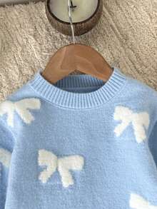 LMoss Kids 年轻女孩休闲圆领蝴蝶结装饰毛衣