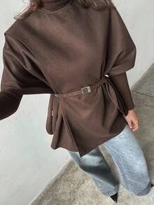 Aloruh Abrigo capa de cuello redondo de unicolor para mujer, abrigo marrón, chaleco, chaqueta sin mangas de color chocolate, estilo "Old Money", elegante para mujer, abrigo de negocios casuales, chaqueta de oficina, abrigo de invierno chic para mujer, moda para otoño/invierno - Café integral - Ver 5