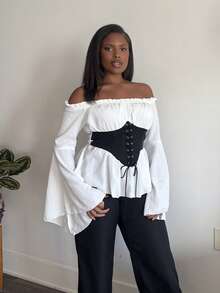 Tyla Gomez Hollow Out Flared Sleeve Contrast Tie Waist Vintage Blouse,Long Sleeve Tops - Black and White - View 6