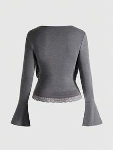 ROMWE J-Fashion Y2K 复古千禧年坏蛋撞色蕾丝垂坠领 T 恤女款 - 深灰色 - 查看 2